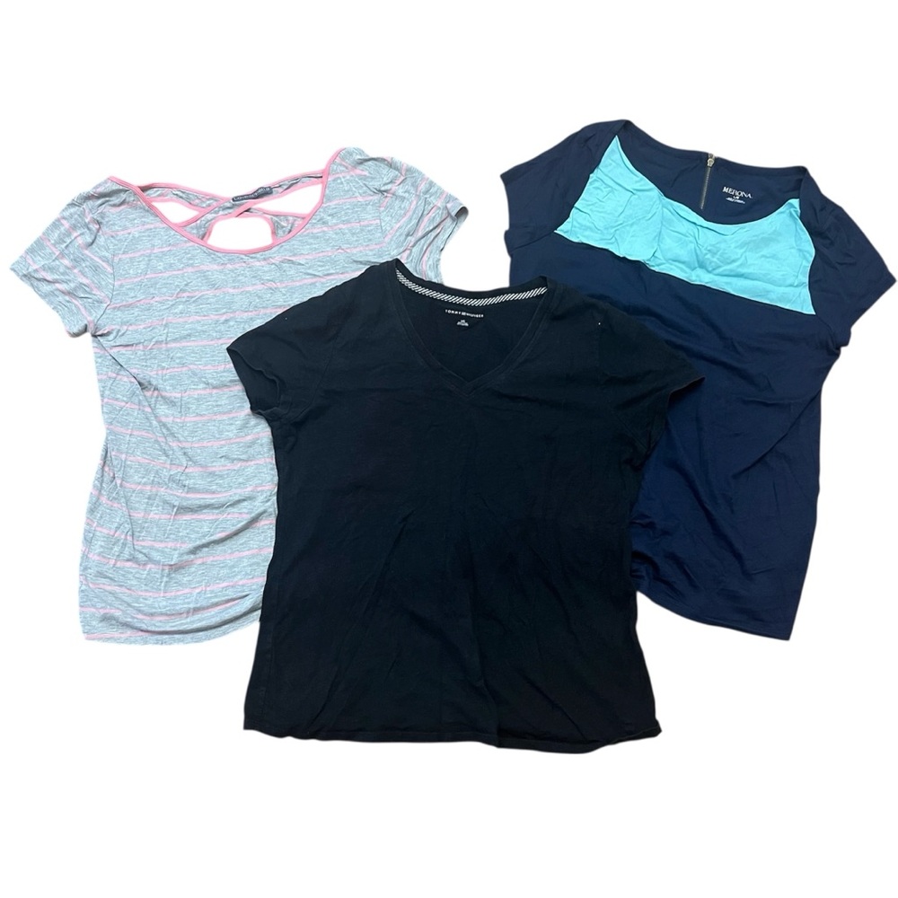 Bundle of 3 Women’s Tops Merona Striped Basics Tommy Hilfiger Black L Teal Pink